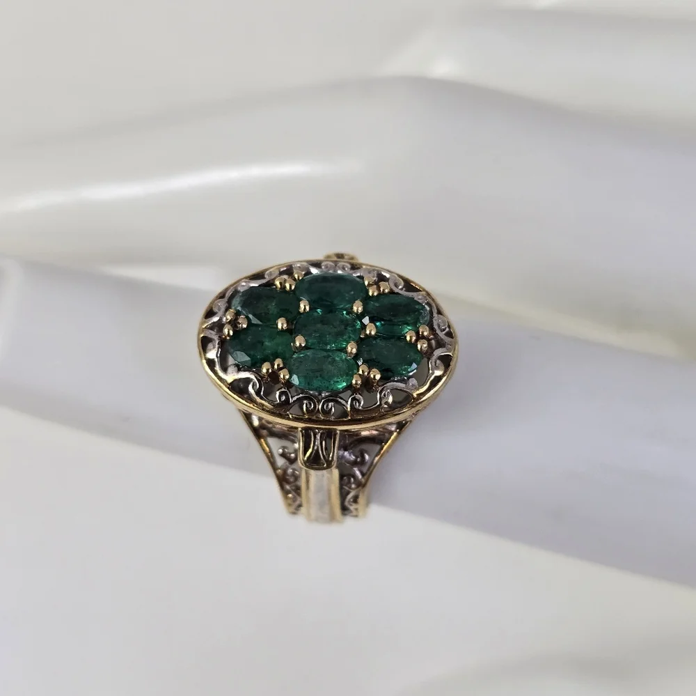 Sterling Silver 925 Intricate Green and Gold Ring with Emerald Cluster